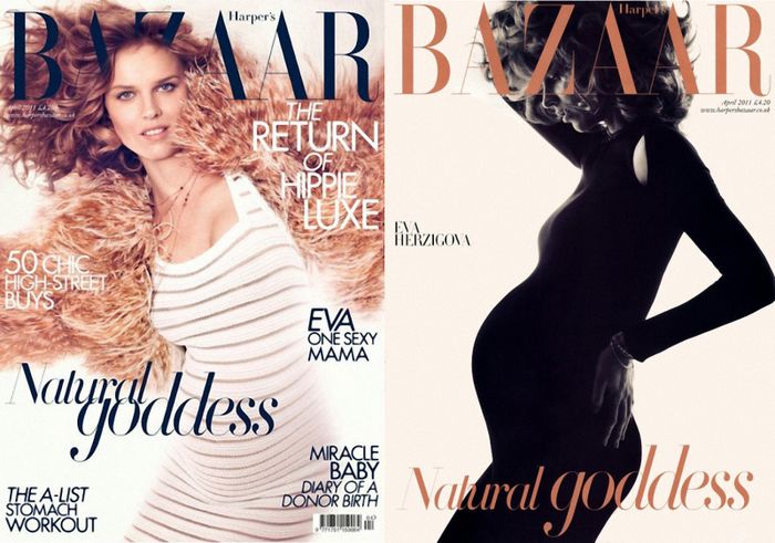 Eva Herzigova怀第二胎时，拿下了《Harper's Bazaar》2011四月号的双封面。左封面，Eva并无刻意突出孕肚，一身时装凸显自信。右封面，怀孕的线条在一身黑色紧身衣中显现独特的曲线美感。